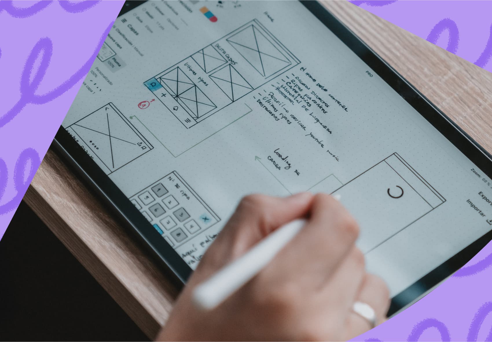 Hand with e-pen on a tablet showing wireframes