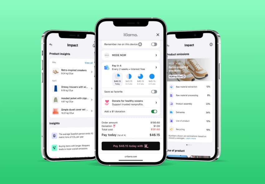 Three smartphones showing the Klarna interface