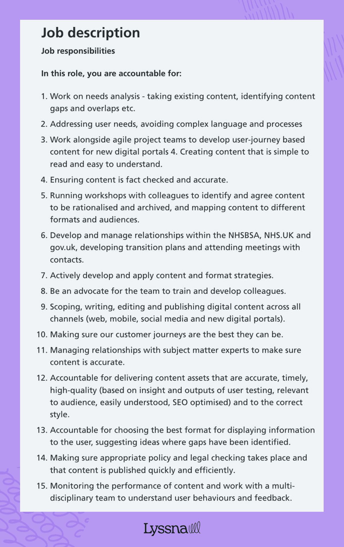 Content designer job listing example from the NHS Business Services Authority