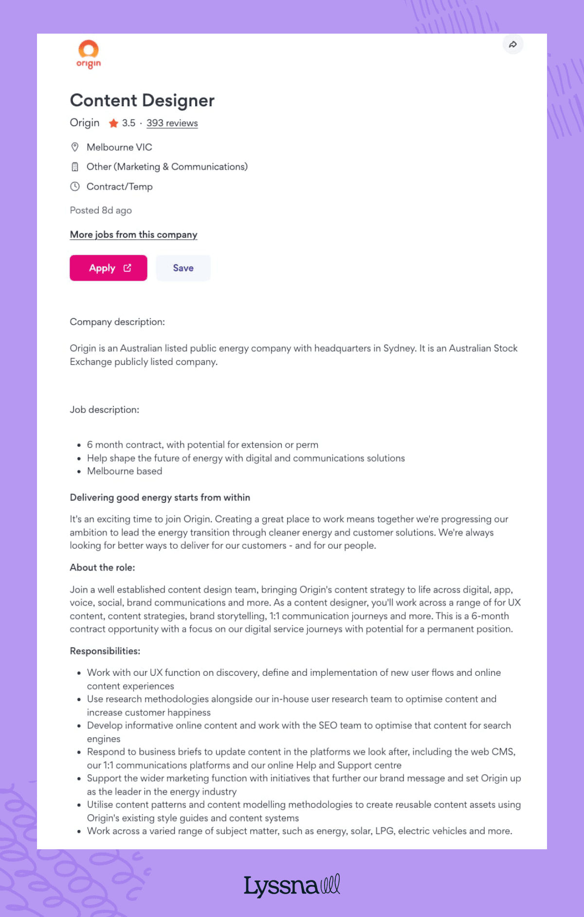 Content designer job listing example from Origin, an Australian-listed public energy company