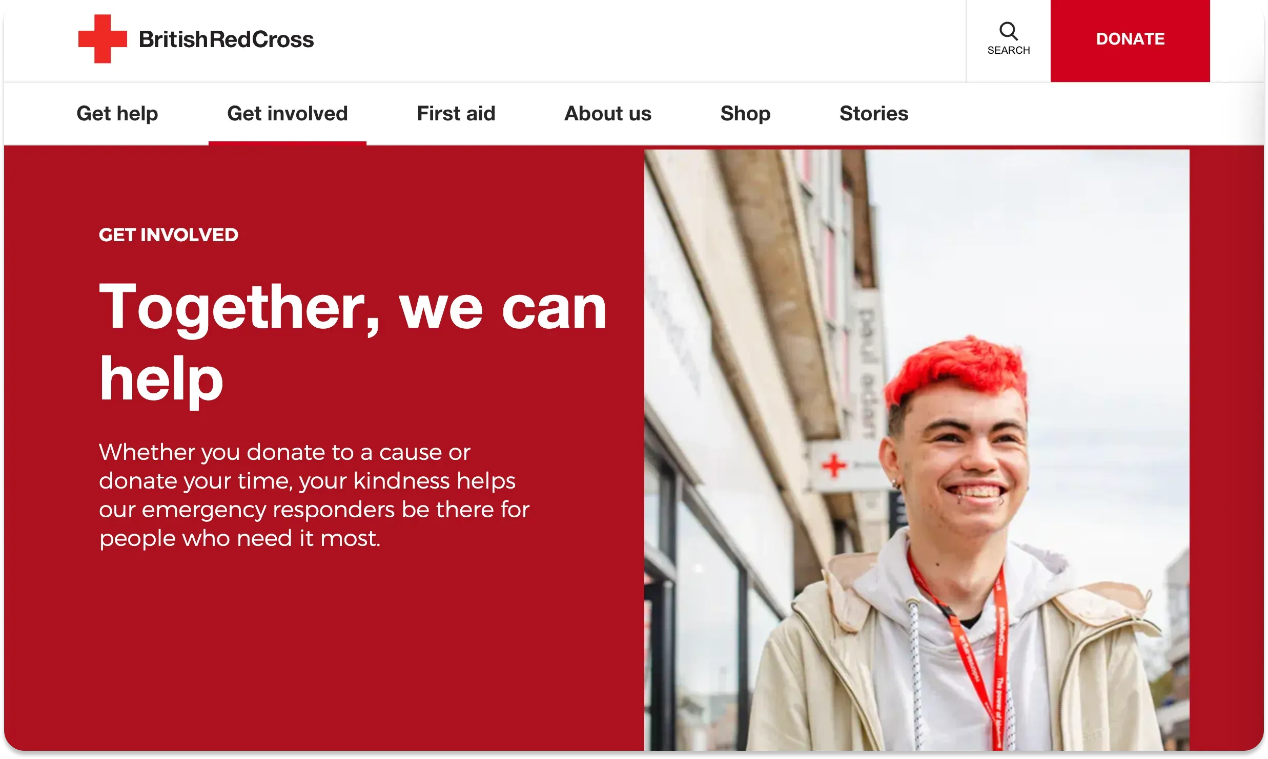 The homescreen of the British Red Cross's 'Get Involved page'