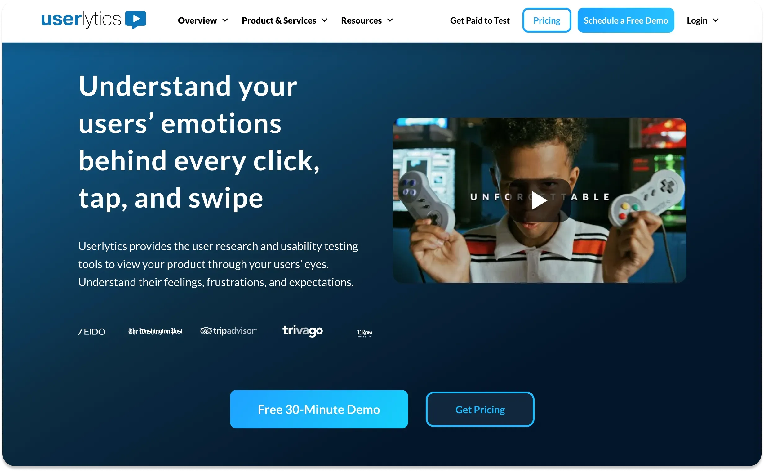 The home screen of the user research platform, Userlytics