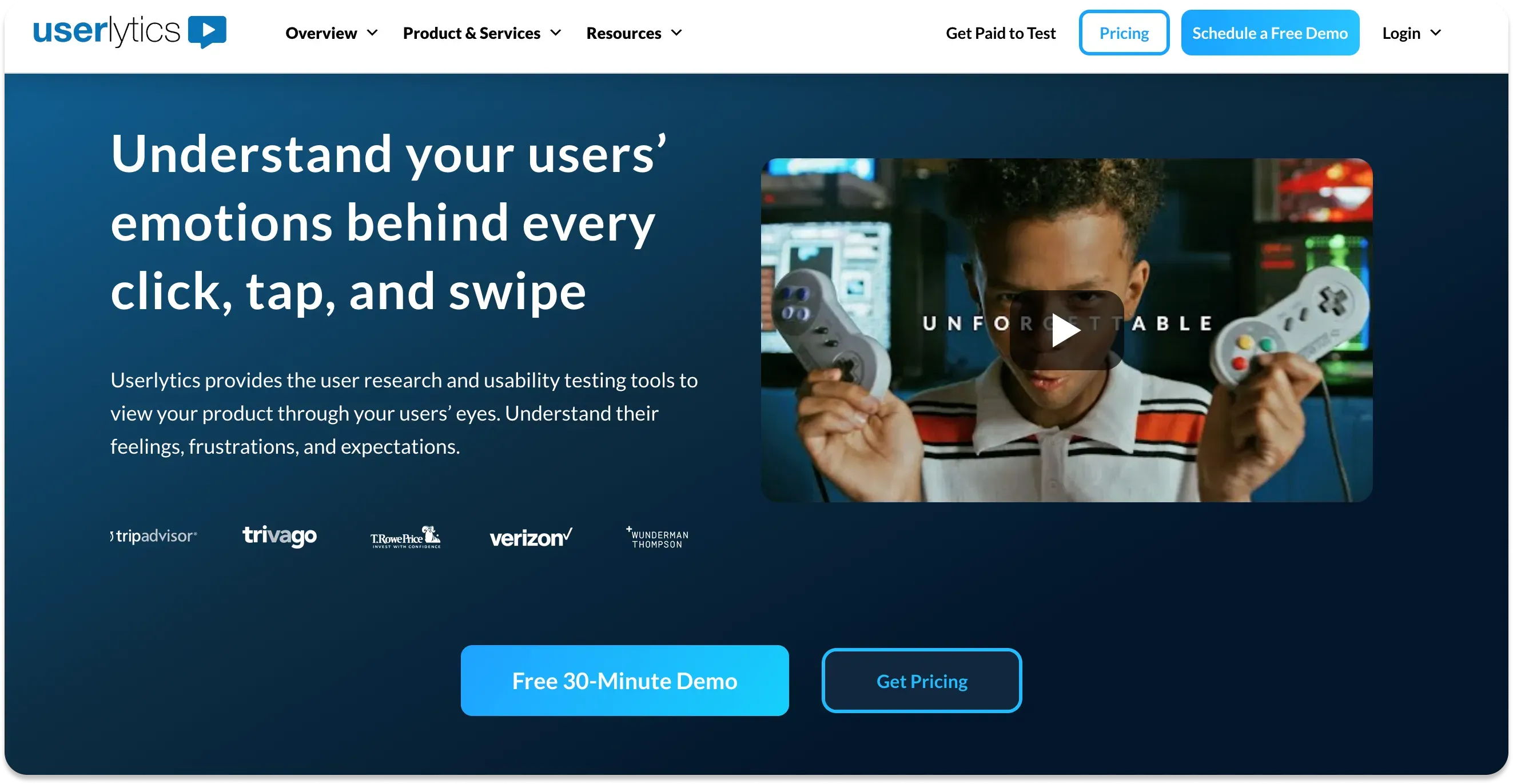 The home page of the Userlytics webapge