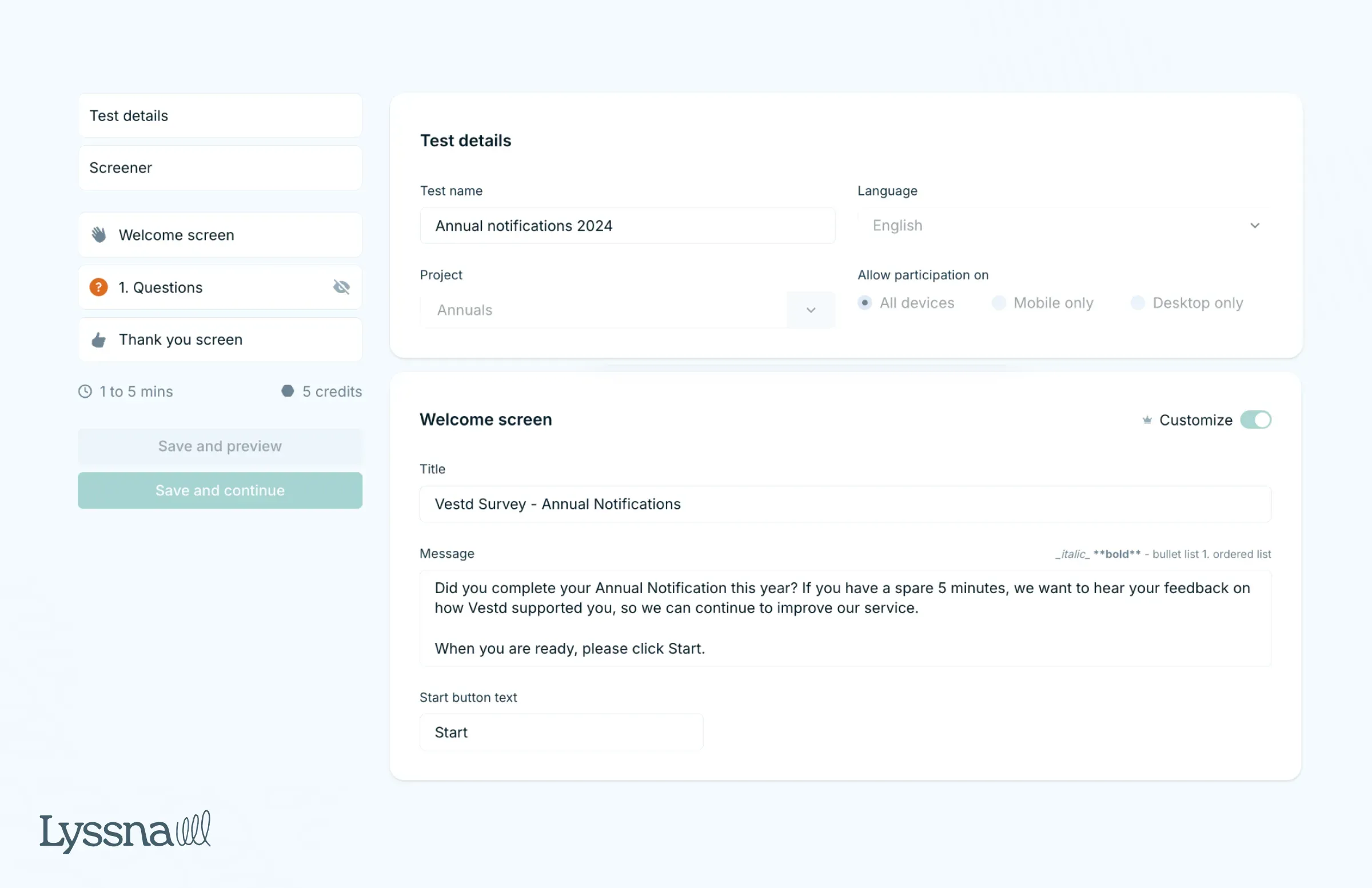 Welcome screen of Vestd's Annual Notification Process survey in Lyssna