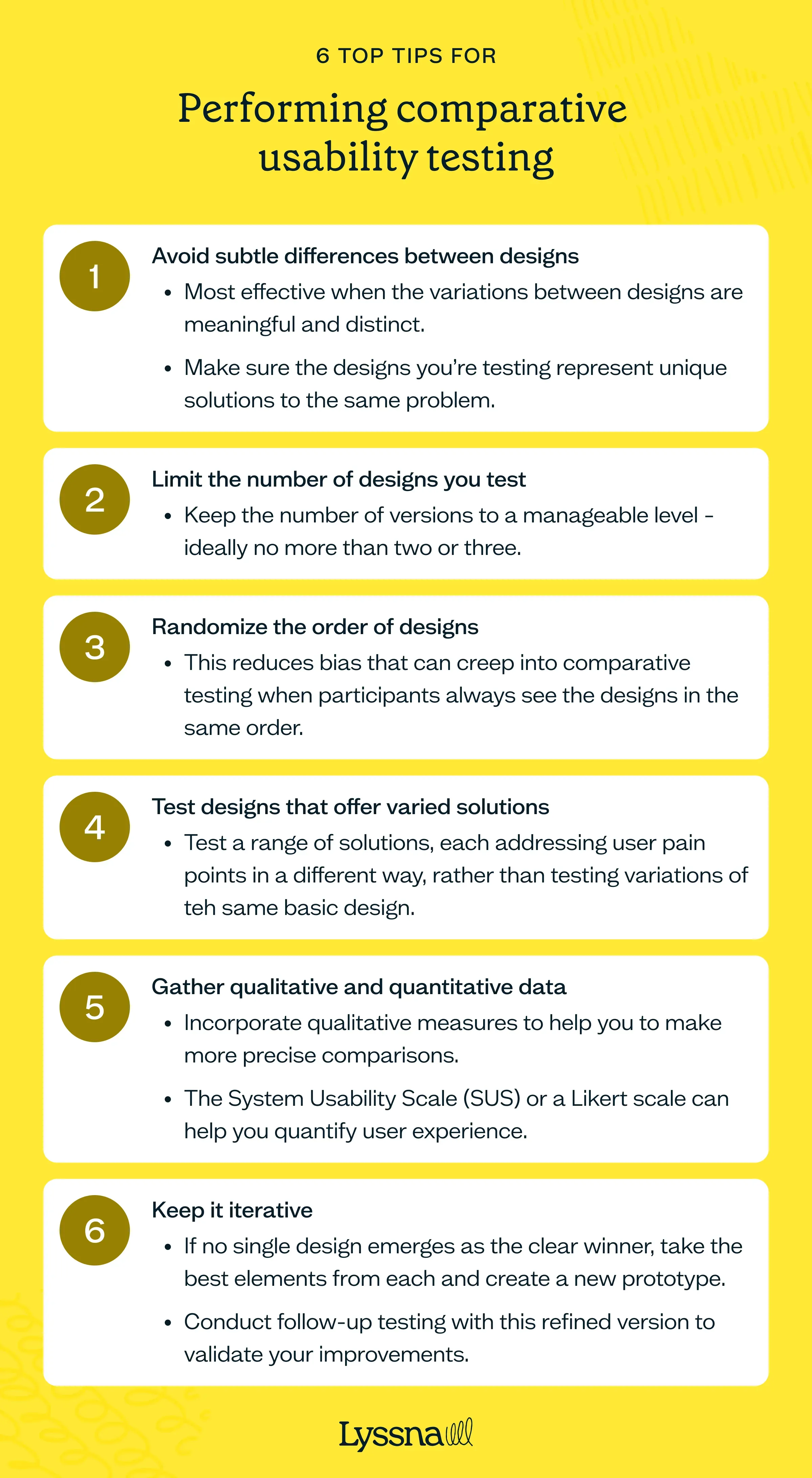 List of 6 tips for performing comparative usability testing