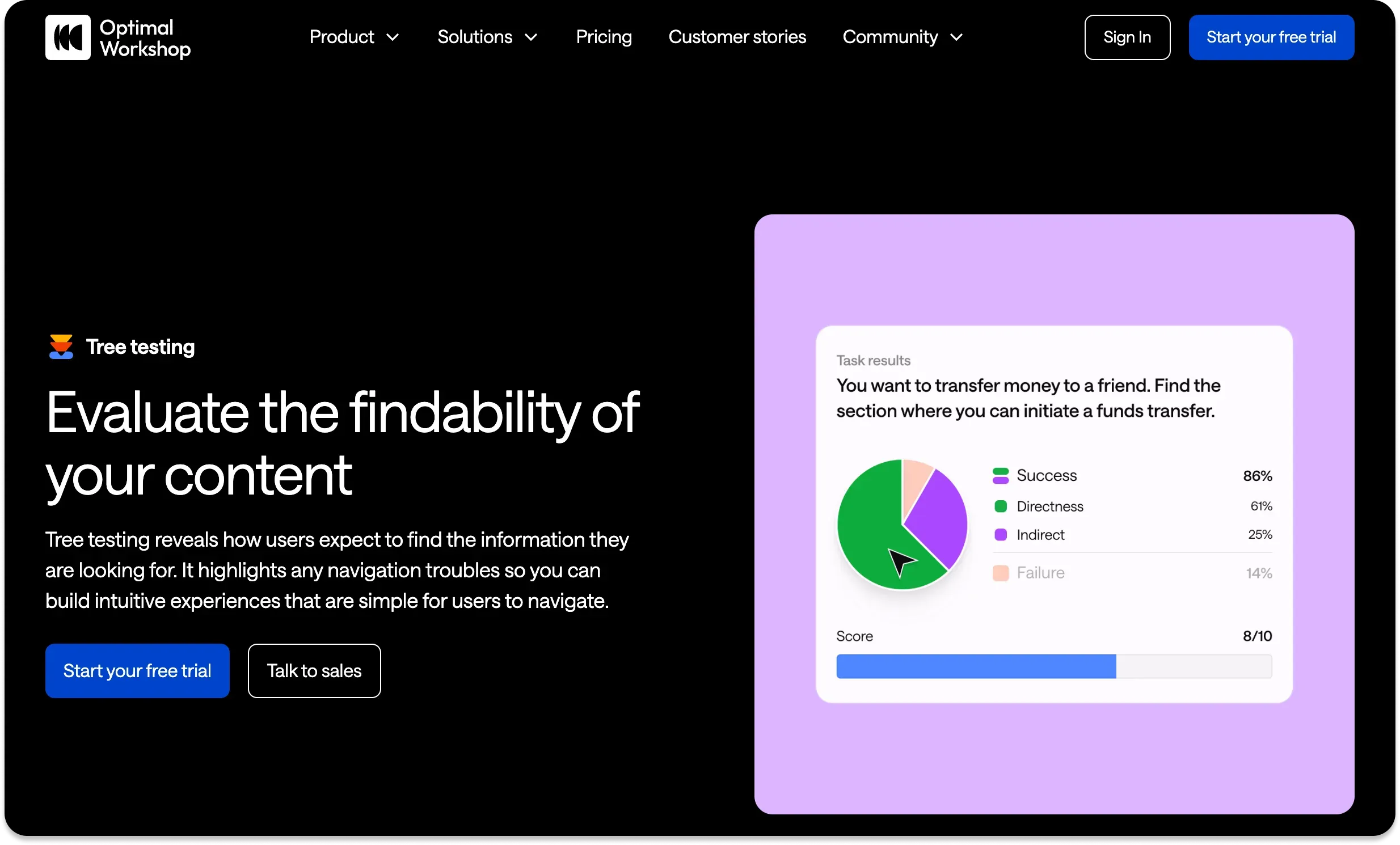 The tree testing feature page of Optimal Workshop
