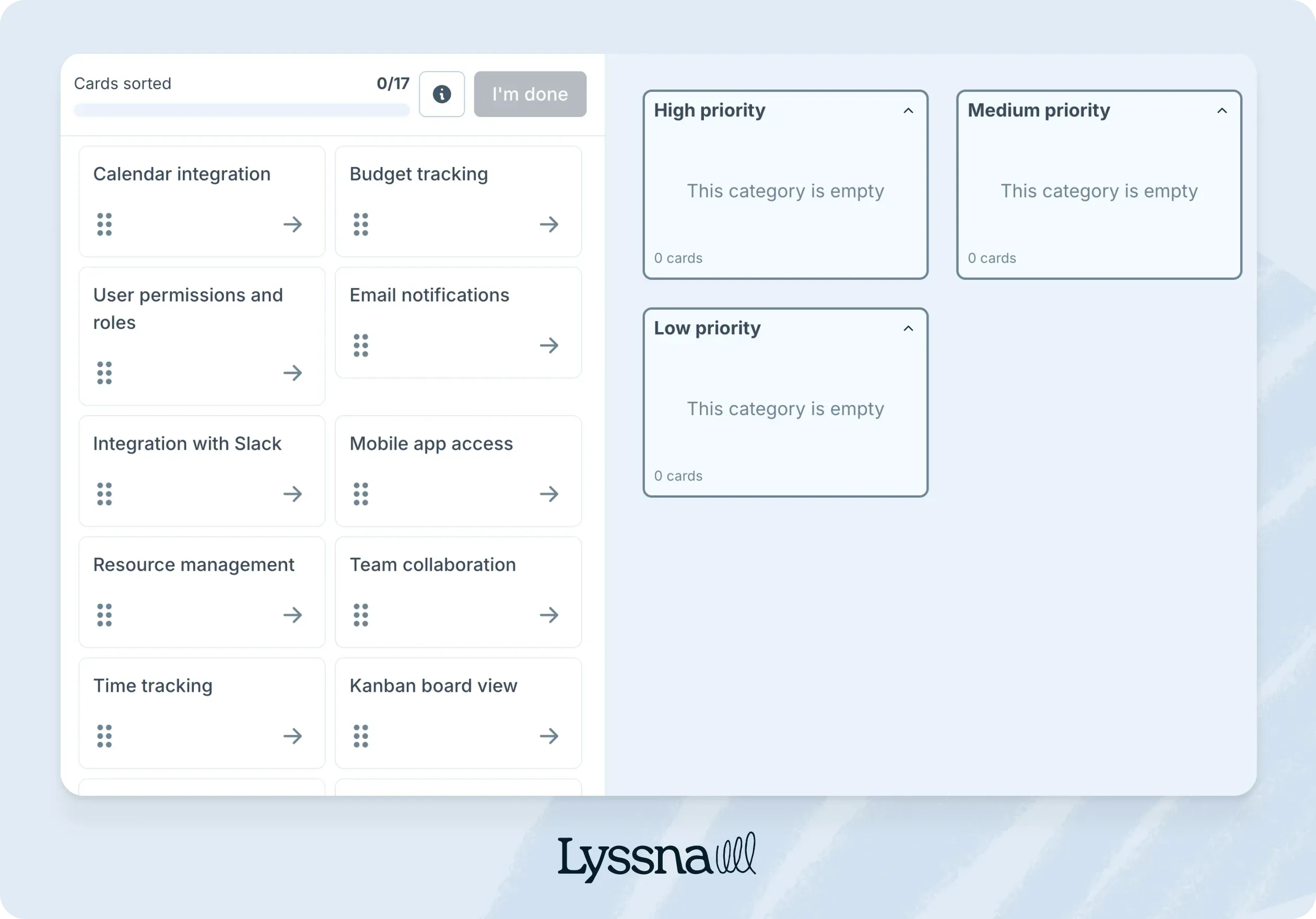 A Lyssna card sorting template named prioritize product features