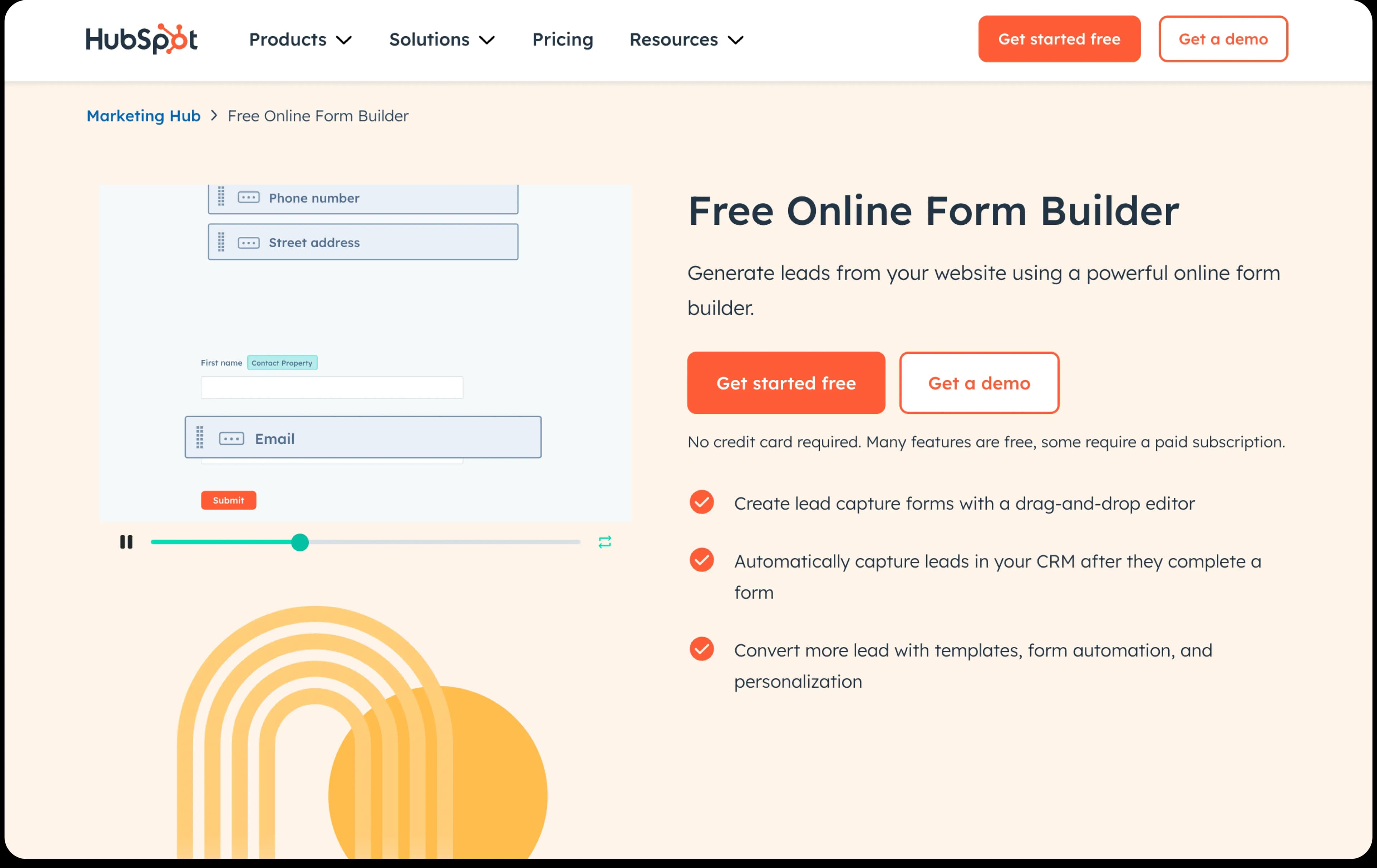 The HubSpot Online Form Builder Landing page
