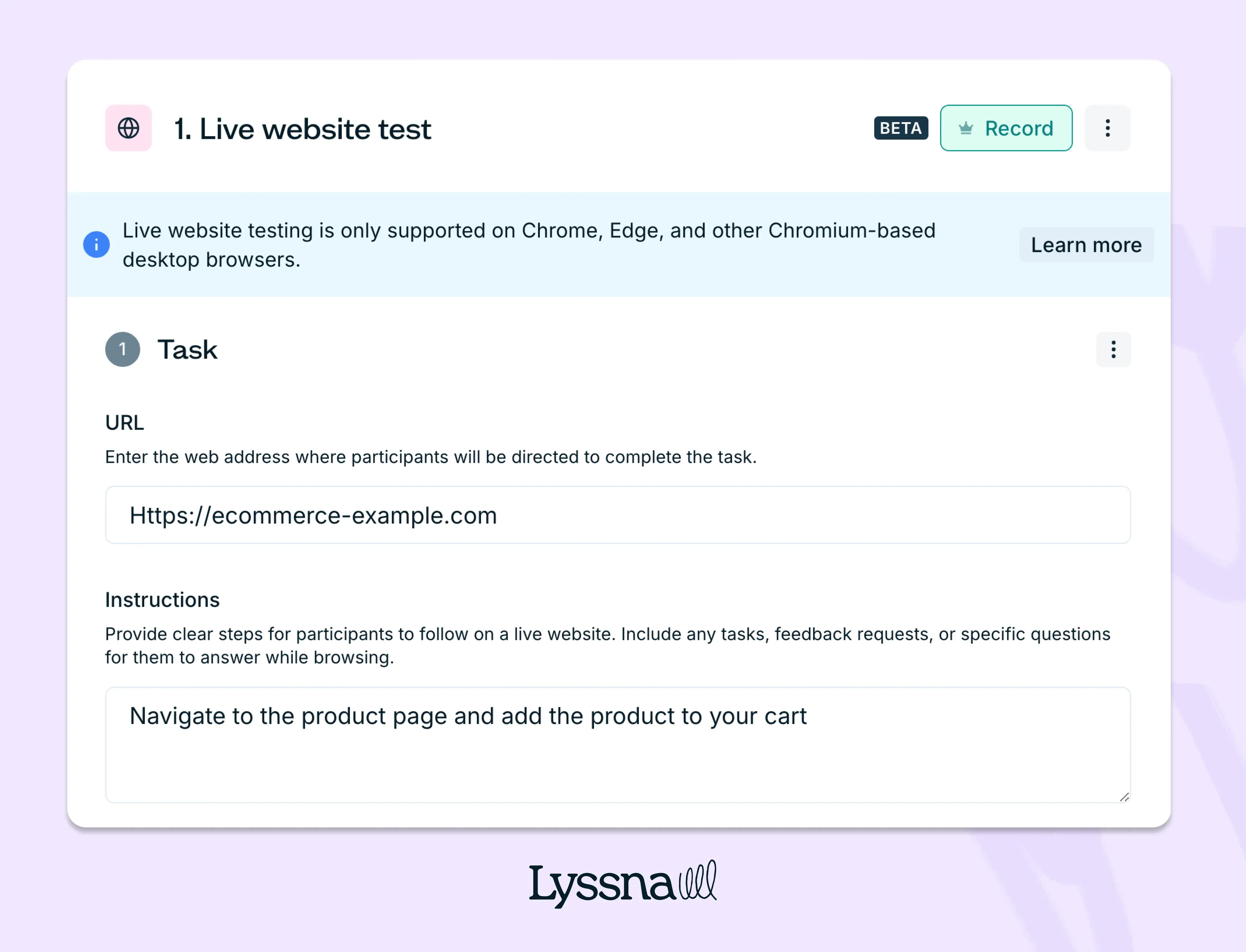 Live website testing example on Lyssna
