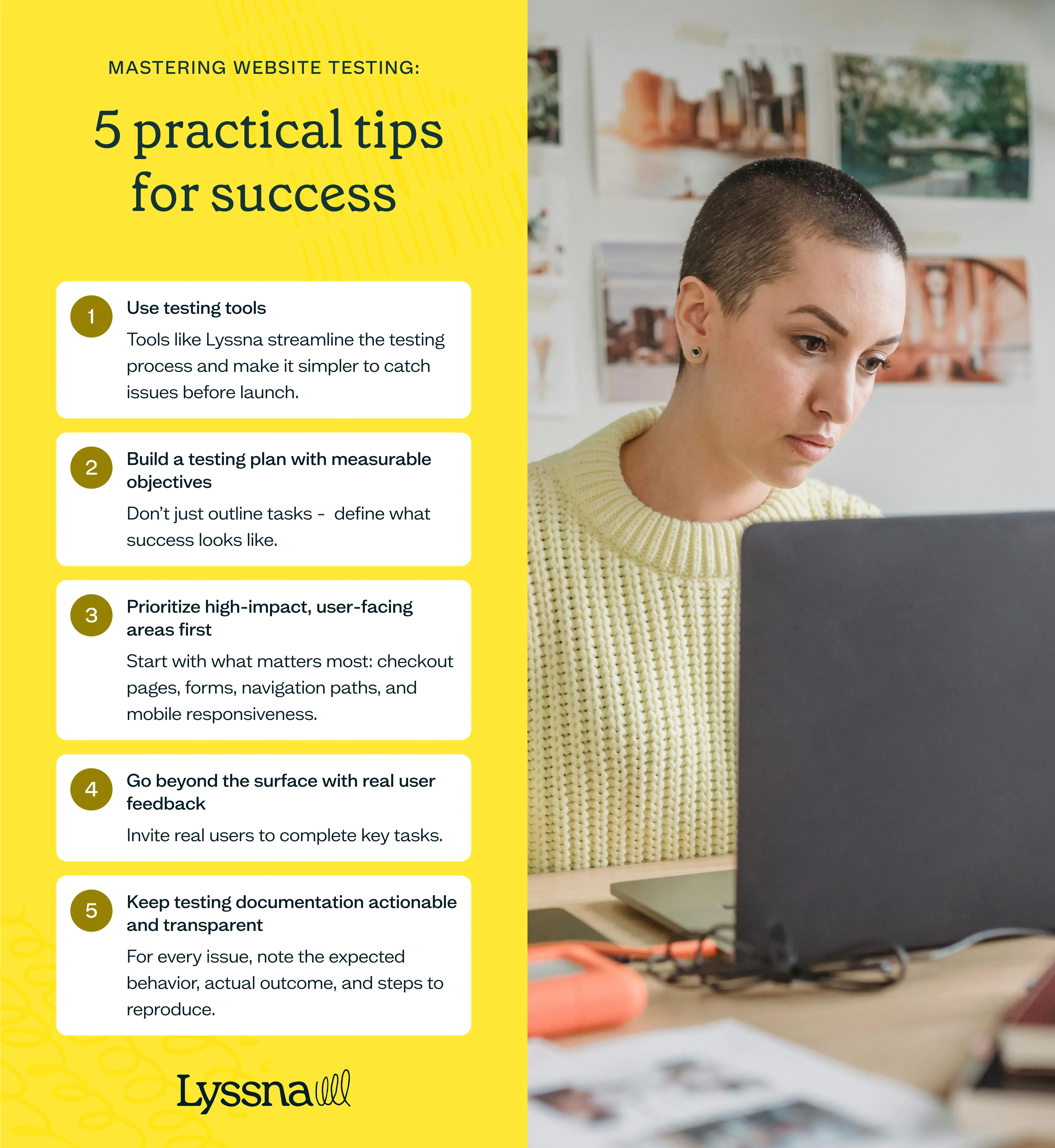 List of five practical tips for mastering website testing