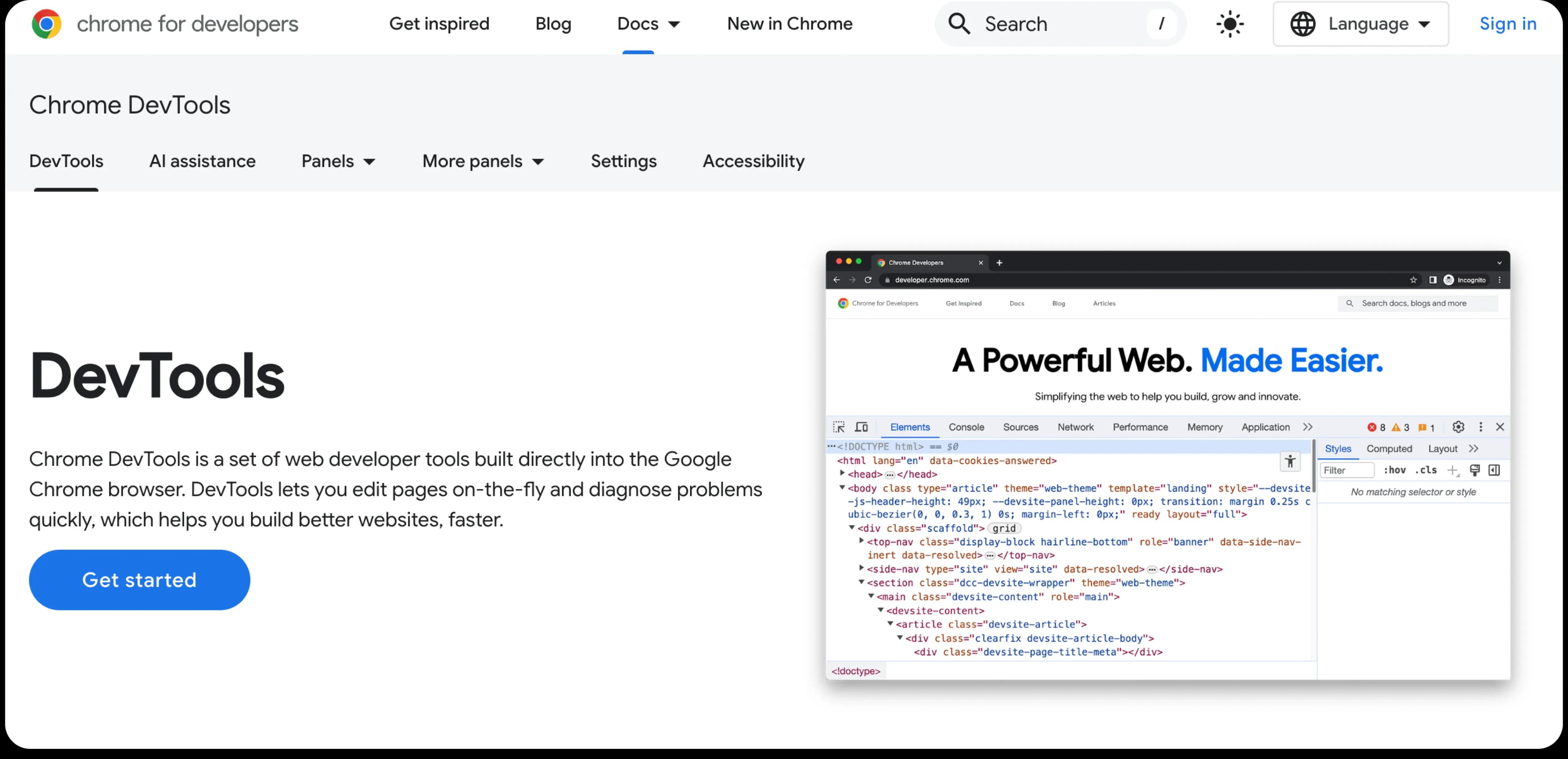The DevTools homepage
