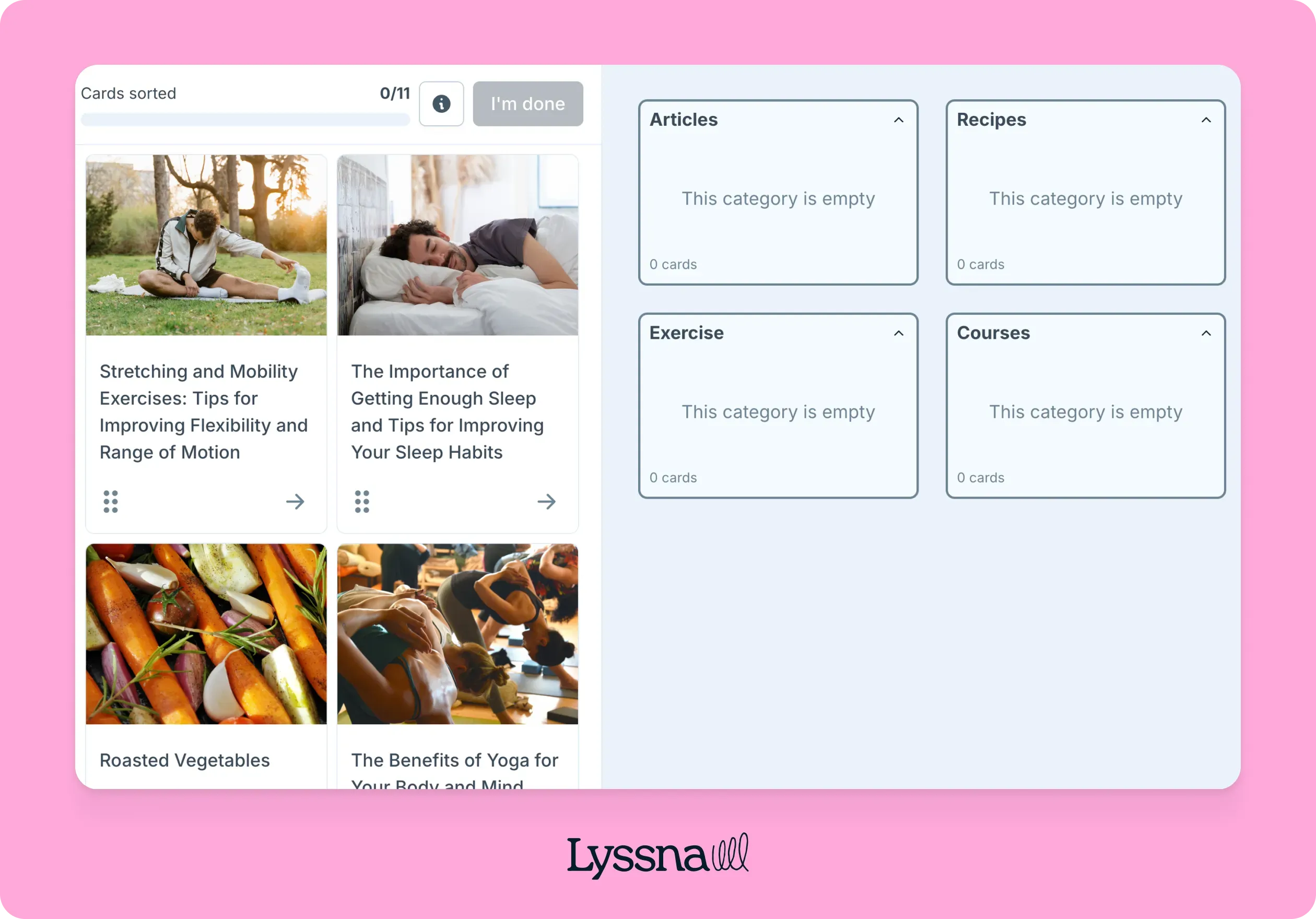 A digital dashboard displaying sorted cards on stretching, sleep, vegetables, and yoga, with empty categories for articles, recipes, exercise, and courses.