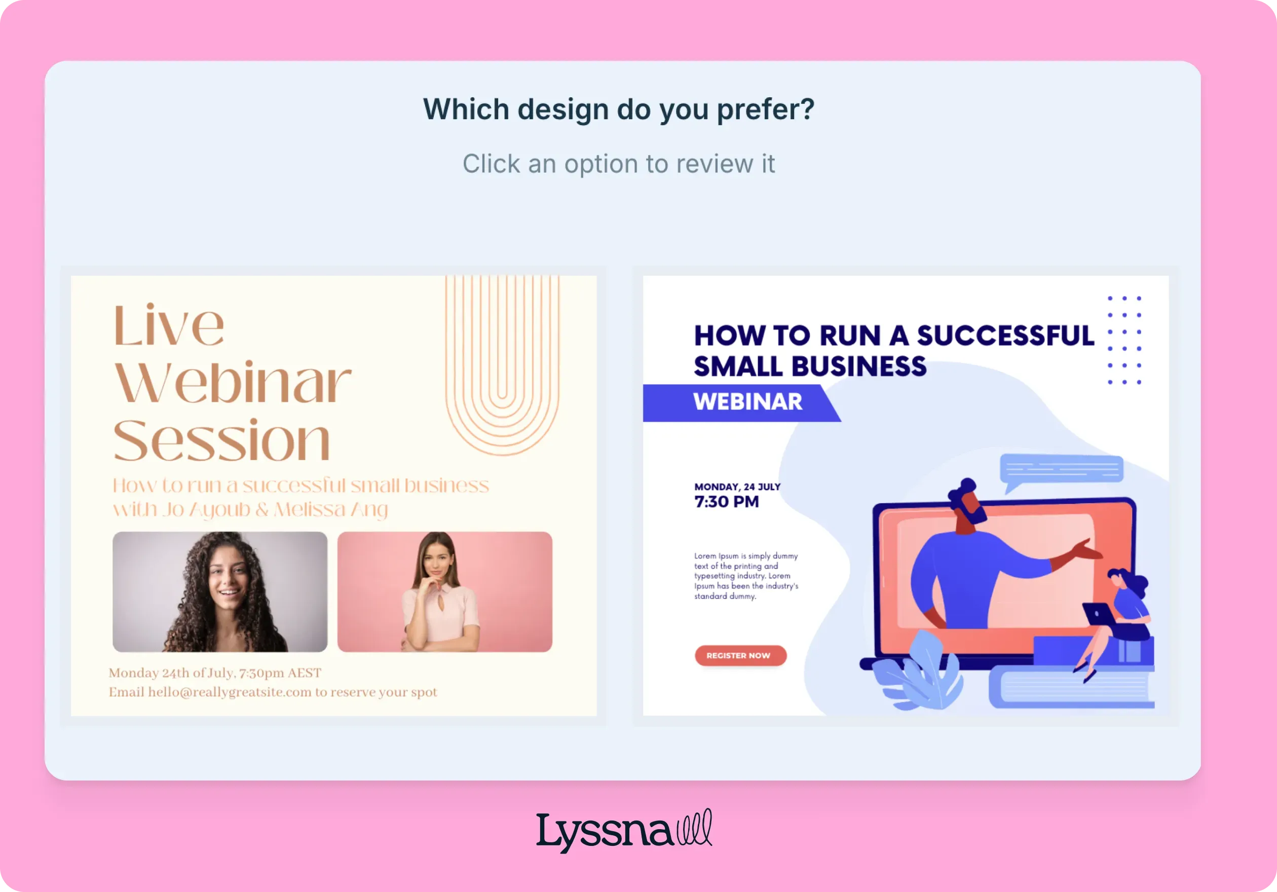 Two webinar design options: one with a beige background and photos, the other with a blue theme and illustration of a person at a computer.